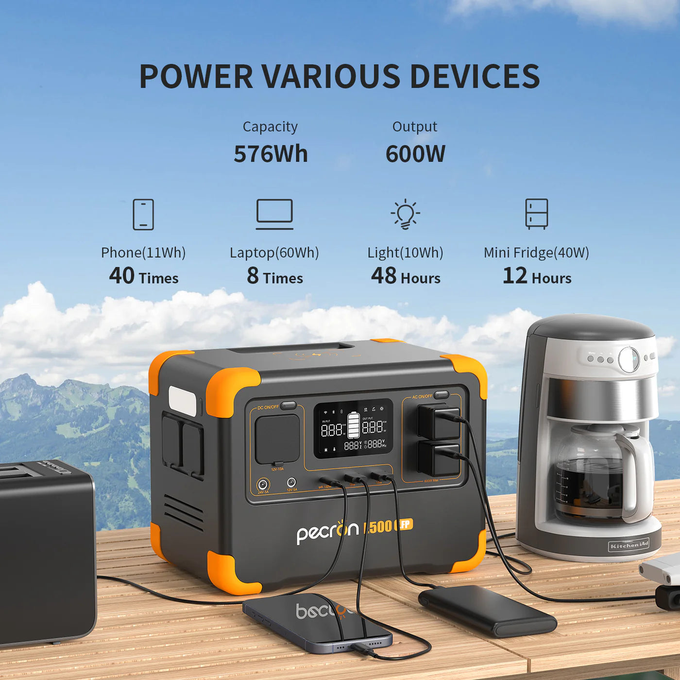 PECRON E500LFP Portable Power Station 600W 576Wh